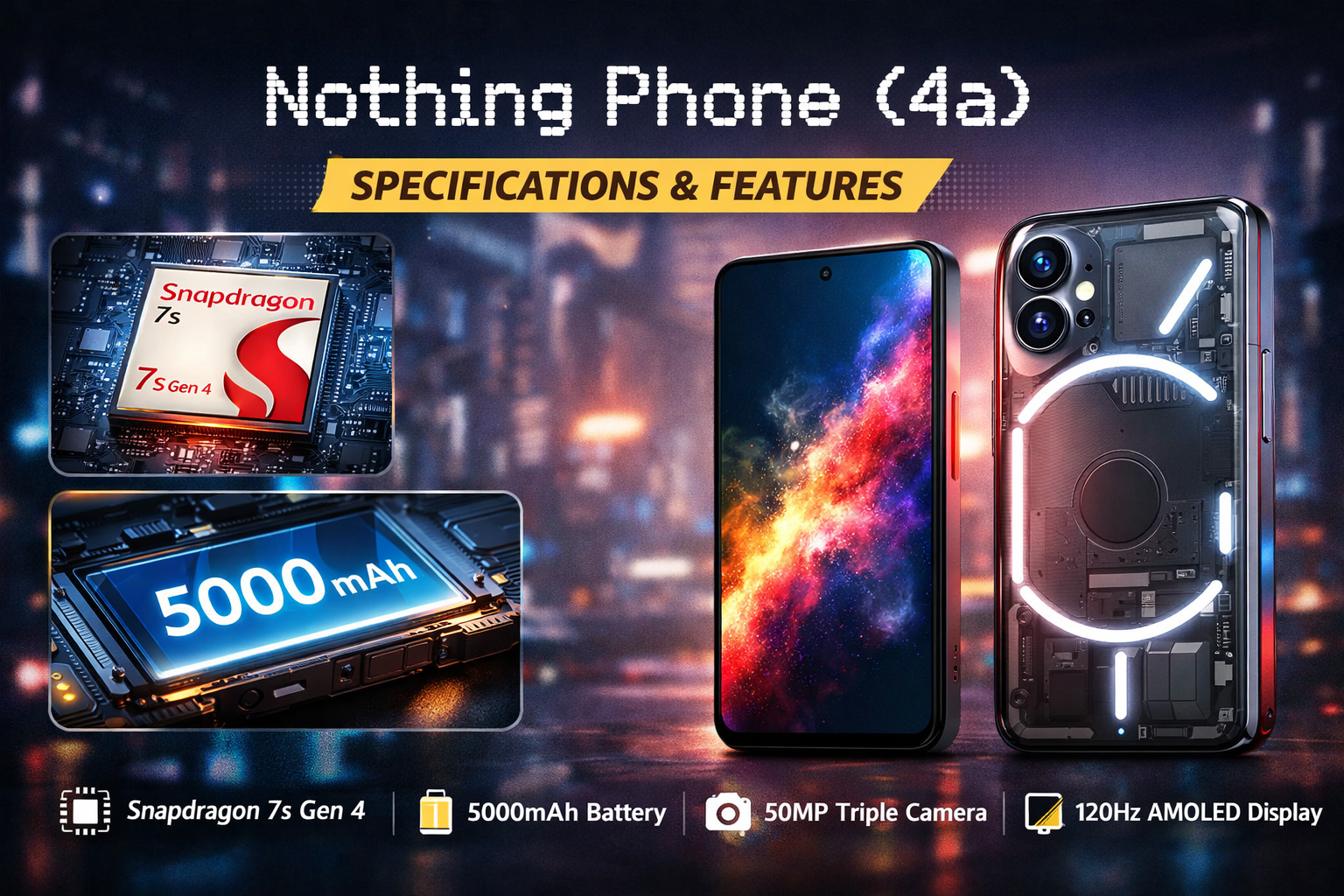 Nothing Phone (4a) design showing transparent back with Glyph lights, Snapdragon 7s Gen 4 processor and 5000mAh battery specifications